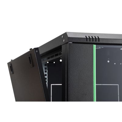 7. DYNAmic 19" 9U Rack 600x600 Wandmontage-Netzwerkschrank, Glastür, schwarz, ungeteilt, montiert, 60 kg