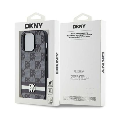 8. DKNY iPhone 14 Pro-Hülle aus Leder mit kariertem Monomuster und bedruckten Streifen – Schwarz