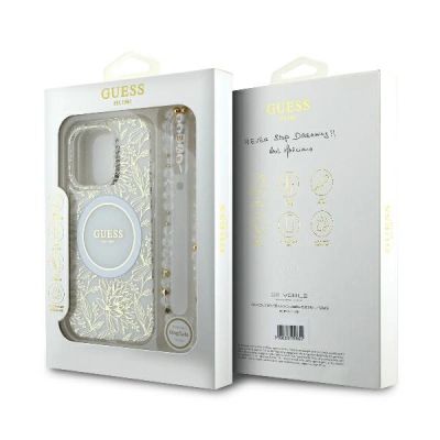 7. Guess IML Flowers Allover Electro With Pearl Strap MagSafe-Hülle für iPhone 16 Pro – Weiß