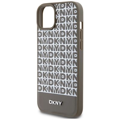 5. DKNY MagSafe-Hülle aus Leder mit bedrucktem Muster und Metalllogo für iPhone 15/14/13, Braun