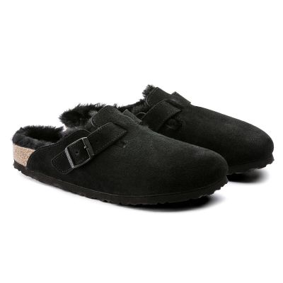 10. Birkenstock Boston Shearling Black Damen Clogs aus Wolle, isoliert, Wildleder, schmal (0259883)