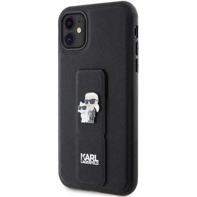 2. Karl Lagerfeld Gripstand Saffiano Karl&Choupette Pins Hülle für iPhone 11 / Xr – Schwarz