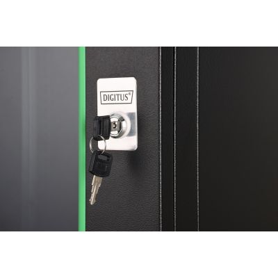 9. DYNAmic 19" 9U Rack 600x600 Wandmontage-Netzwerkschrank, Glastür, schwarz, ungeteilt, montiert, 60 kg