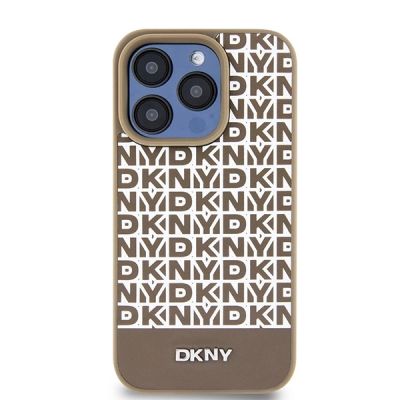 3. DKNY MagSafe-Hülle aus Leder mit bedrucktem Muster und Metalllogo für iPhone 15 Pro, Braun