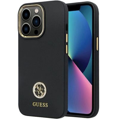 Guess GUHCP13LM4DGPK Hülle für iPhone 13 Pro / 13 – schwarzes Silikon Logo Strass 4G