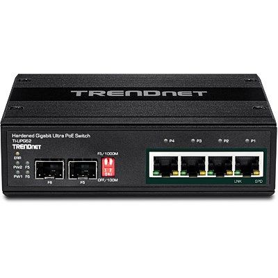 4. TRENDnet TI-UPG62 Switch – Unmanaged – 4 x 10/100/1000 (PoE+) + 2 x Gigabit SFP – DIN-Schienen- und Wandmontage möglich – PoE+ (240 W) – DC