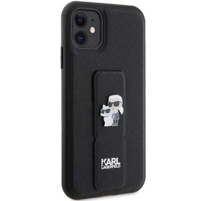 4. Karl Lagerfeld Gripstand Saffiano Karl&Choupette Pins Hülle für iPhone 11 / Xr – Schwarz