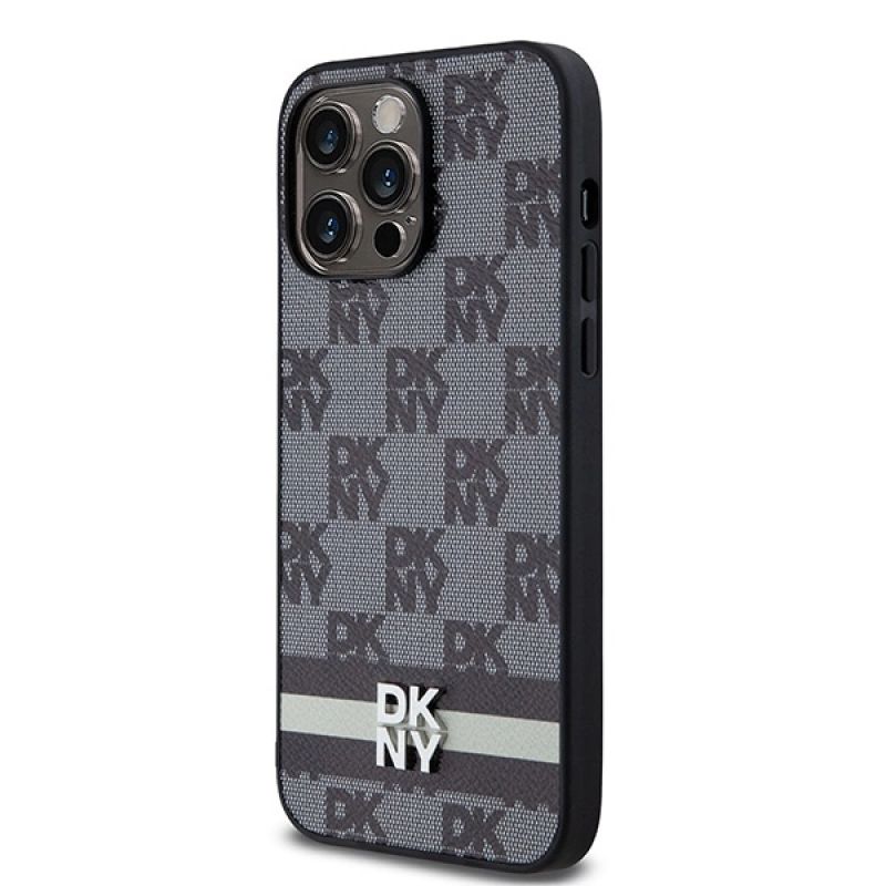 2. DKNY Lederhülle mit kariertem Monomuster und bedruckten Streifen für iPhone 14 Pro Max – Schwarz