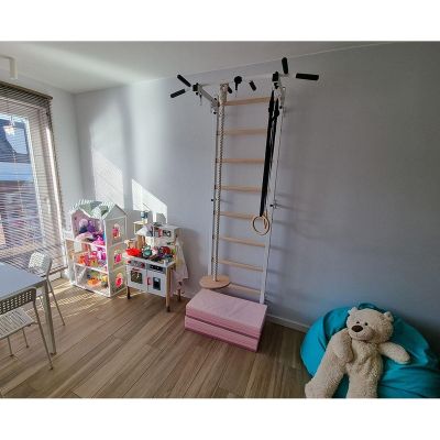 5. Turnwand aus Holz und Metall mit Metallstange und Zubehör für Kinderbank K 721W A076