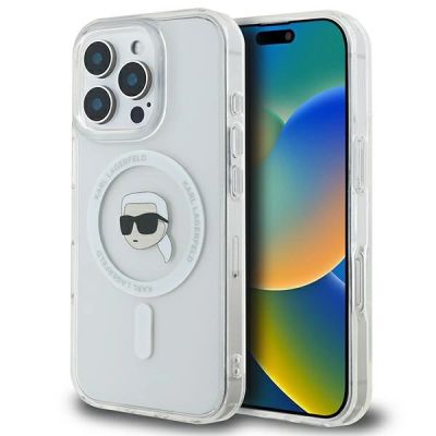 Karl Lagerfeld IML Metal Karl Head MagSafe Hülle für iPhone 16 Pro – weiß