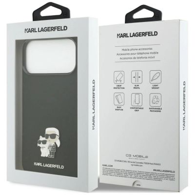 8. Karl Lagerfeld Silicone Karl&Choupette Metal Pin Hülle für iPhone 18 Pro Max / 17 Pro Max – Schwarz