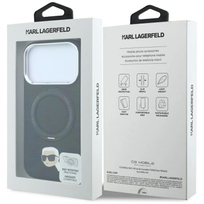 8. Karl Lagerfeld Hülle mit Ringständer, 360°-Kopf-Pin und MagSafe-Funktion für iPhone 18 Pro / 17 Pro – Schwarz