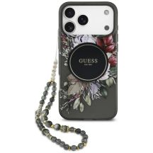 Guess IML Flowers Pearl Strap MagSafe Hülle für iPhone 18 Pro Max / 17 Pro Max – schwarz