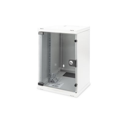 Wandmontierter Netzwerkschrank 10" 9U Rack 312x300, Glastür, grau, ungeteilt, montiert, 30 kg