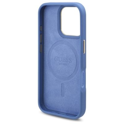 7. Guess 4G Logo Plate MagSafe Hülle für iPhone 16 Pro – Blau