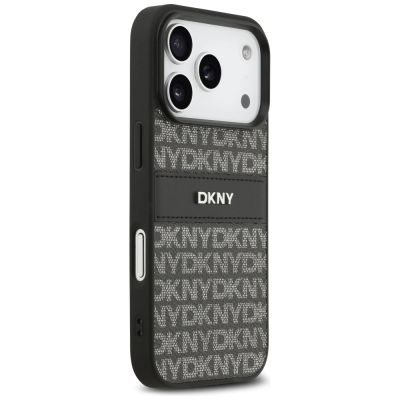 4. DKNY iPhone 17 Pro Hülle mit sich wiederholendem Texturmuster und Ton-in-Ton-Streifen – Schwarz