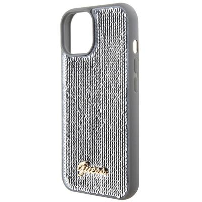 6. Guess Pailletten-Schriftzug-Metallgehäuse für iPhone 15 – Silber