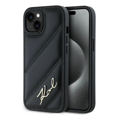 Karl Lagerfeld Diagonal Quilted Script Hülle für iPhone 15 / 14 / 13 – Schwarz