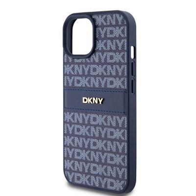 6. DKNY Lederhülle mit Monostreifen und Metalllogo für iPhone 15 / 14 / 13 – Blau