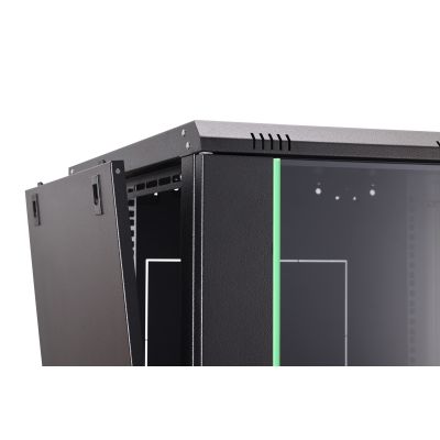 42. DYNAmic 19" 16U Wand-Netzwerkschrank 600x600 mm, Glastür, schwarz, ungeteilt, montiert, 60 kg