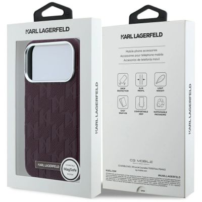 8. Karl Lagerfeld MagSafe Hülle mit Logo aus genarbtem Monoharz für iPhone 17 Pro / 18 Pro – Burgunderrot