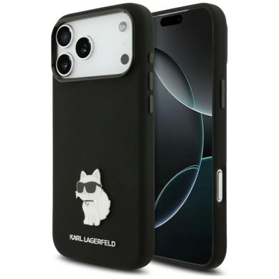 Karl Lagerfeld Silicone Choupette Metal Pin Hülle für iPhone 18 Pro Max / 17 Pro Max – Schwarz