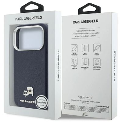 8. Karl Lagerfeld Karl & Choupette Head Pins Saffiano MagSafe Hülle für iPhone 17 Pro Max - Blau