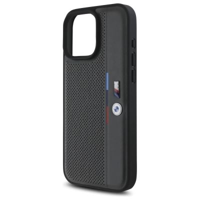 6. BMW M Perforierte Tricolor Detail Line Hülle für iPhone 16 Pro Max – Dunkelgrau