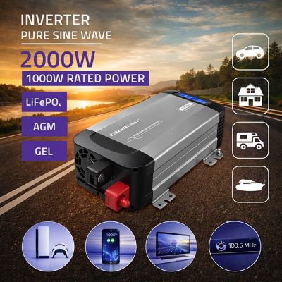 3. Qoltec Sinus-Spannungswandler | 12 V auf 230 V | 1000/2000 W | LCD | USB | USB-C | Kompatibel mit LiFePO4-, GEL- und AGM-Akkus