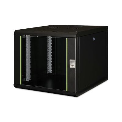 10. Digitus Unique 19" 9U Rackmount-Netzwerkschrank, 600x600 mm, Glastür, schwarz, ungeteilt, montiert, 100 kg