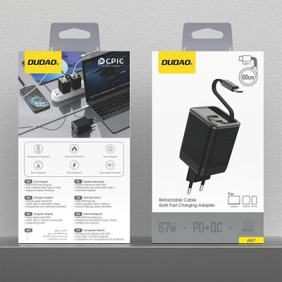 9. Dudao A67EU GaN 67W Wandladegerät mit integriertem, einziehbarem USB-C Power Delivery Quick Charge - Schwarz
