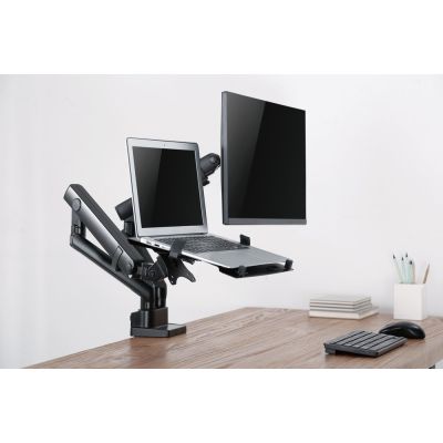 6. GEMBIRD VERSTELLBARER TISCHARM/-HALTERUNG FÜR 2 MONITORE + NOTEBOOK-ABLAGE 17–32, VESA 100 X 100 MM, BIS 8 KG