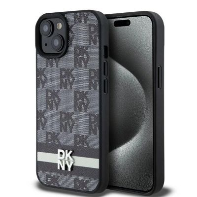 DKNY Lederhülle mit kariertem Monomuster und bedruckten Streifen für iPhone 15 Plus / 14 Plus – Schwarz