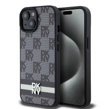 DKNY Lederhülle mit kariertem Monomuster und bedruckten Streifen für iPhone 15 Plus / 14 Plus – Schwarz