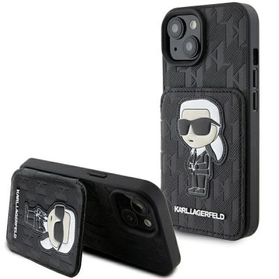 Karl Lagerfeld Saffiano Cardslots and Stand Monogram Ikonik Patch Hülle für iPhone 15 – Schwarz