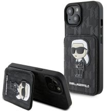 Karl Lagerfeld Saffiano Cardslots and Stand Monogram Ikonik Patch Hülle für iPhone 15 – Schwarz