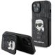 Karl Lagerfeld Saffiano Cardslots and Stand Monogram Ikonik Patch Hülle für iPhone 15 – Schwarz