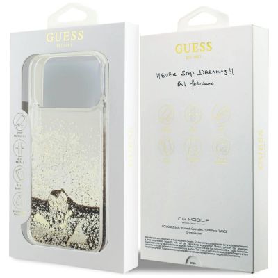 8. Guess Liq. Glitter 4 Charms Hülle für iPhone 17 Pro Max – Gold