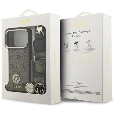 9. Guess 4G Strass Logo & Big Strap Metal Buttons MagSafe Case für iPhone 17 Pro - Braun