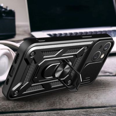 4. Hybrid Armor Camshield Hülle mit Ständer und Kameraabdeckung für iPhone 15 Plus – Blau