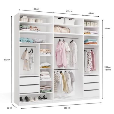 11. Modularer Kleiderschrank OPENO SET 260/250 WEISS mit Schubladen, Kleiderstangen und Einlegeböden – groß, fürs Schlafzimmer