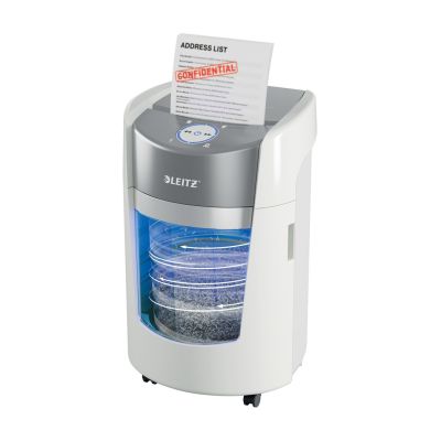 2. Leitz IQ OptiMax Small Office 350 Aktenvernichter, 22 l, P5, 8 Blatt, automatischer Start/Stopp, Rücklauffunktion, drehbarer Auffangbehälter – 33 % höhere Aktenkapazität