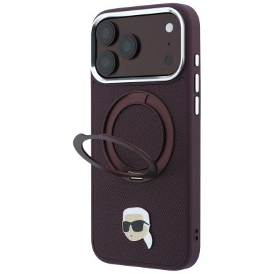 2. Karl Lagerfeld mit Ring Stand 360 Karl Head Pin MagSafe Hülle für iPhone 18 Pro / 17 Pro - bordeauxrot