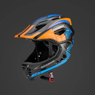 7. Rockbros TT-32SOBL-S Kinderfahrradhelm mit abnehmbarem Kinnbügel, Größe S – Schwarz und Orange