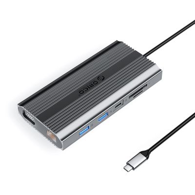 Orico XDR 12-in-1 USB-C Dockingstation mit USB-A, USB-C, HDMI 4K, VGA, RJ45, Gigabit PD, 100 W, SD- und microSD-Kartenleser – Grau