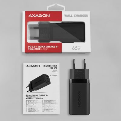 10. AXAGON ACU-DPQ65 Wandladegerät, GaN 65W, 3x Anschlüsse (USB-A + 2x USB-C), PD3.0/QC4+/PPS/Apple