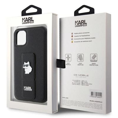 8. Karl Lagerfeld Gripstand Saffiano Choupette Pins Hülle für iPhone 11 / Xr – Schwarz