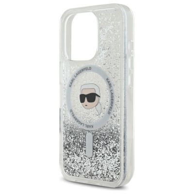 6. Karl Lagerfeld Flüssigglitzer-Magsafe-Hülle mit Karl-Kopf für iPhone 16 Pro – Transparent