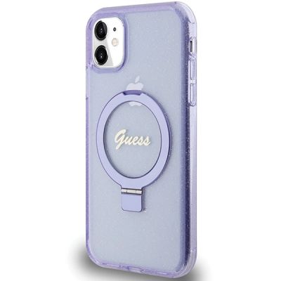 2. Guess Ring Stand Script Glitter MagSafe-Hülle für iPhone 11 / Xr – Lila
