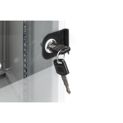 13. Wandmontierter Netzwerkschrank 10" 9U Rack 312x300, Glastür, grau, ungeteilt, montiert, 30 kg